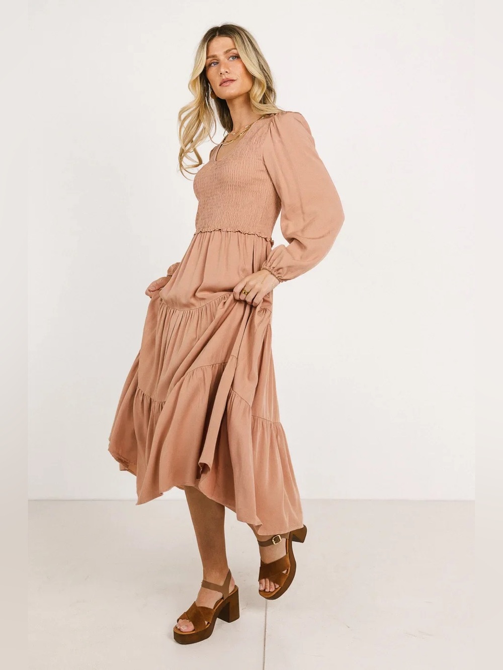 Bohme Smocked Tiered Midi Dress in Pink